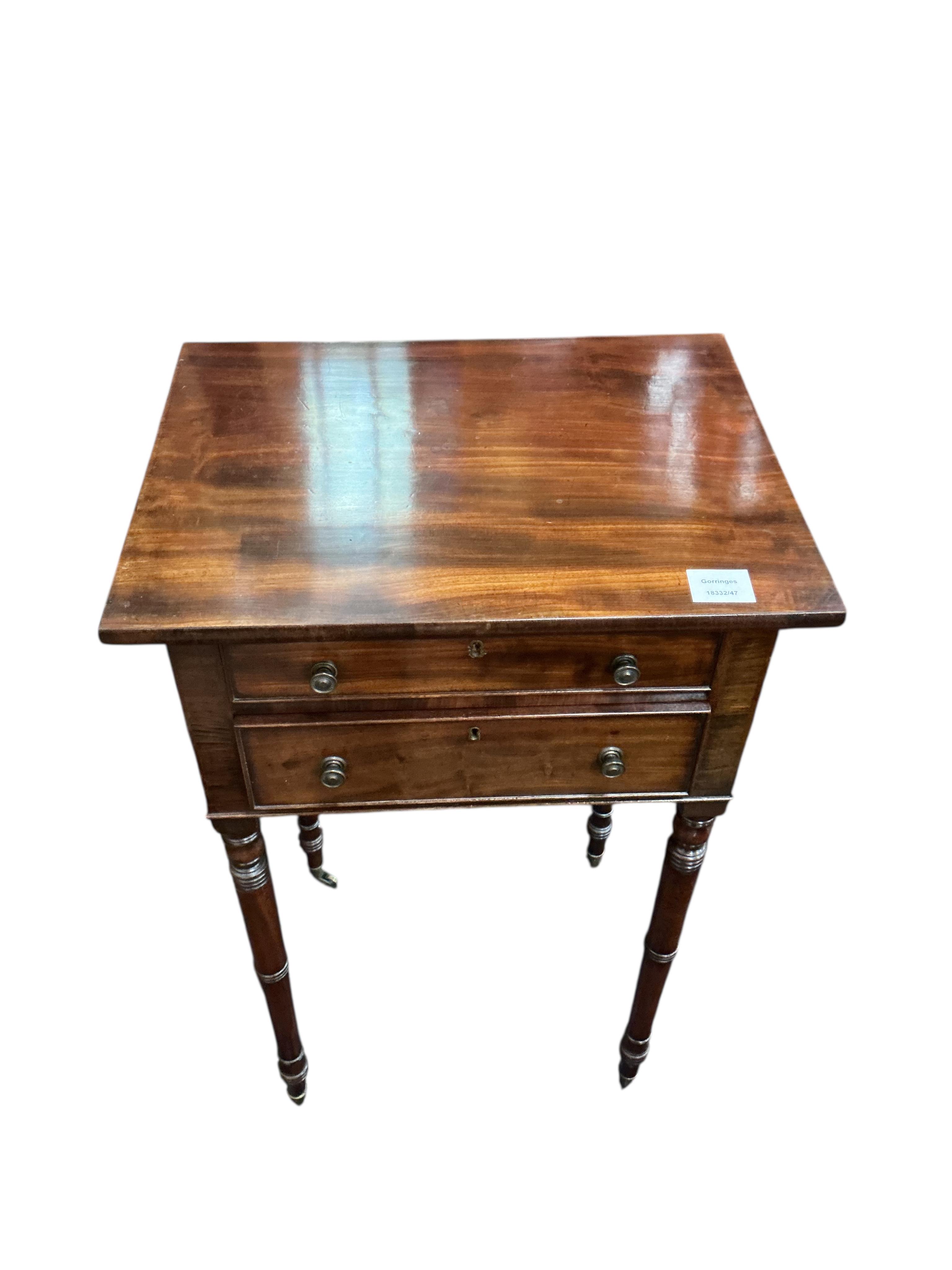 A Regency mahogany two drawer work table, width 47cm, depth 36cm, height 78cm